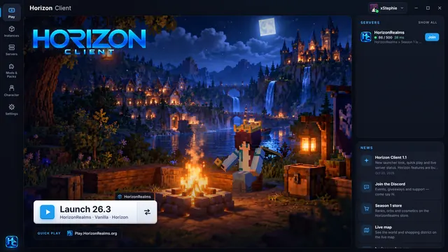 The launcher: Your skin by the campfire, one-click launch, Quick Play, live servers and news.