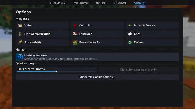 Options hub: All Minecraft settings and Horizon features in one clean screen.